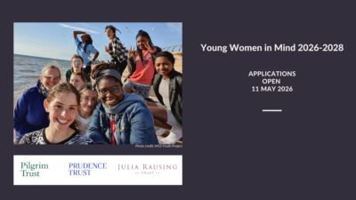 Young Women in Mind fund announcement, with logos of three funders and photo of eight women in a group outside.