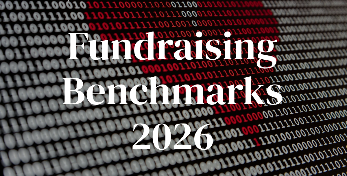 AAW Fundraising Benchmarks 2026. Background photo of a red heart on rows of digital data in white.
