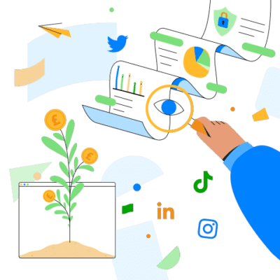 Charity Digital Skills illustration of a human hand holding a magnifying glass to examine web pages, next to logos of digital channels including LinkedIn, Instagram and TikTok, plus an illustration of a health flower in soil.