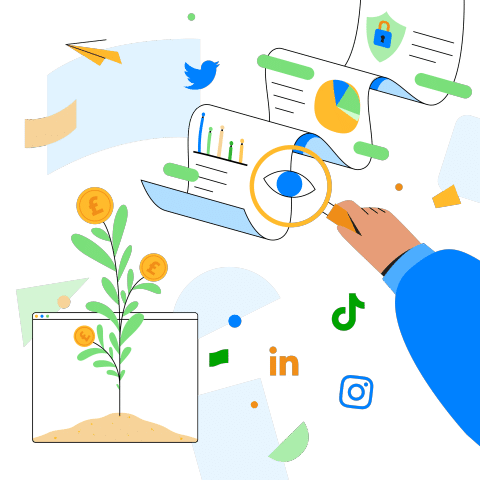 Charity Digital Skills illustration of a human hand holding a magnifying glass to examine web pages, next to logos of digital channels including LinkedIn, Instagram and TikTok, plus an illustration of a health flower in soil.