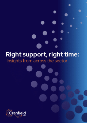 Front cover of Cranfield Trust's June 2026 report Right support, right time. Blue graded background colour.
