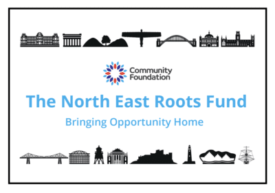 Community Foundation logo above The North East Roots Fund. Bringing opportunity home. Surrounded by 2D black and white illustrations of North East England buildings and iconic landmarks.