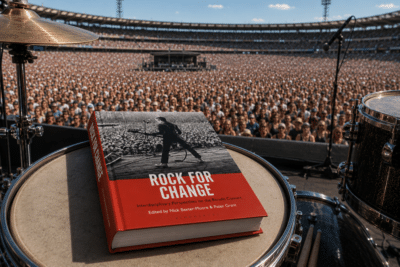 Rock for Change book on a drumkit at a large stadium concert. Created with AI.