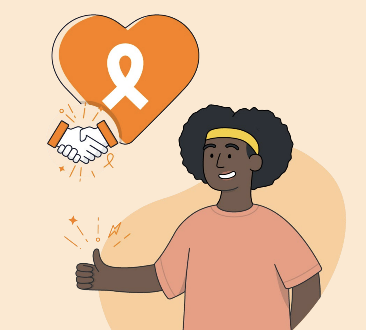 Trust in charities. Enthuse illustration shows a runner with a headband giving a thumbs-up beneath an orange heart with a charity ribbon on it and shaking hands beneath, all symbols of trust.