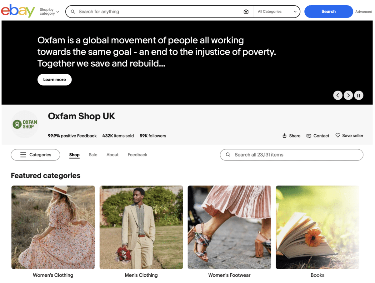 Donated goods categories on Oxfam's website